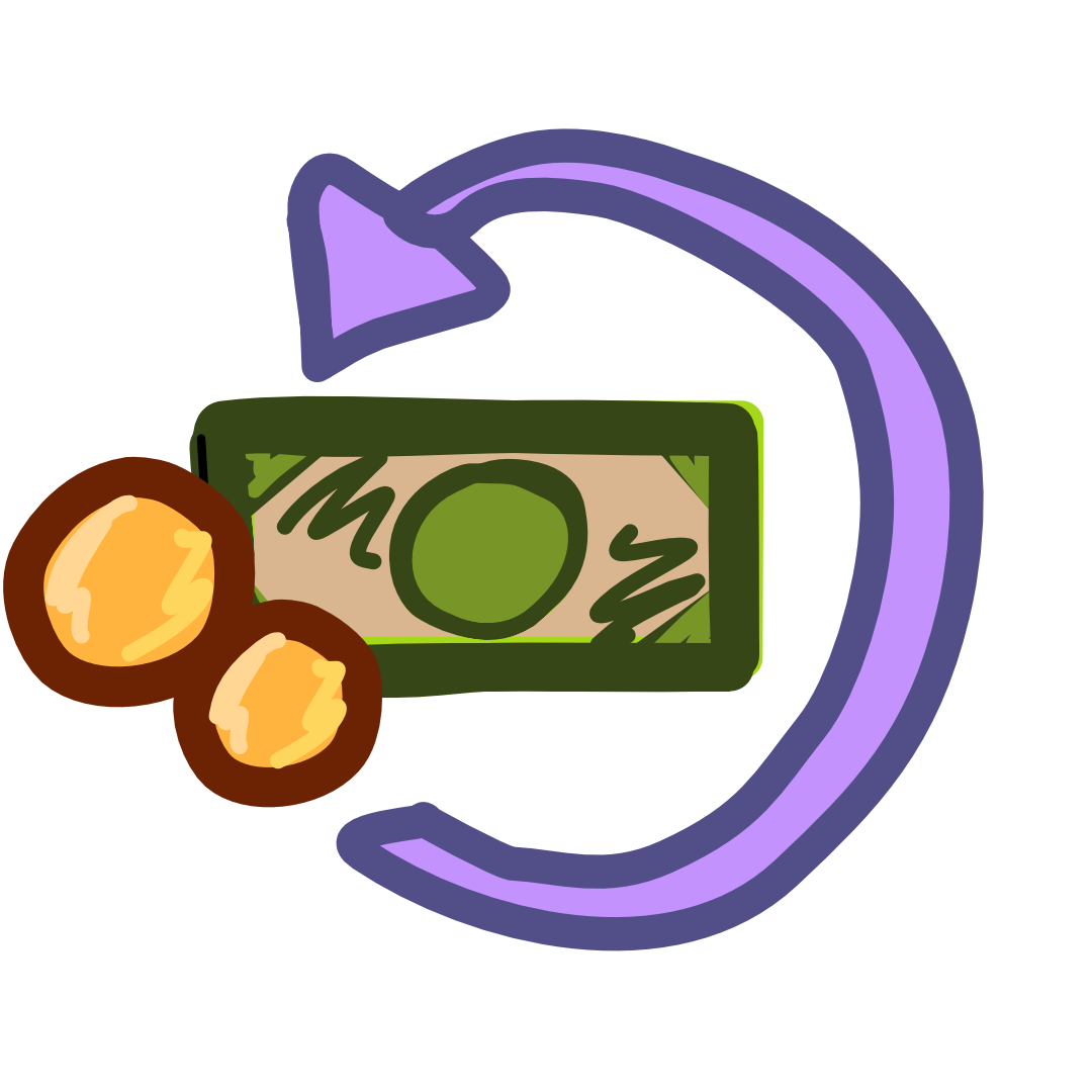 green paper money bill with 2 gold coins overlapping with the left corner. A purple arrow wraps around it in a circular shape